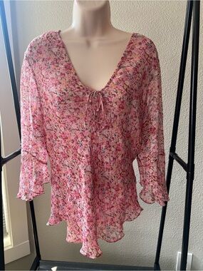 SilkLand Pink Floral V-Neck Tie-Front Blouse